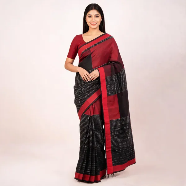 Black_And_Red_Cotton_Handwoven_Silk_Border_Saree_For_Women