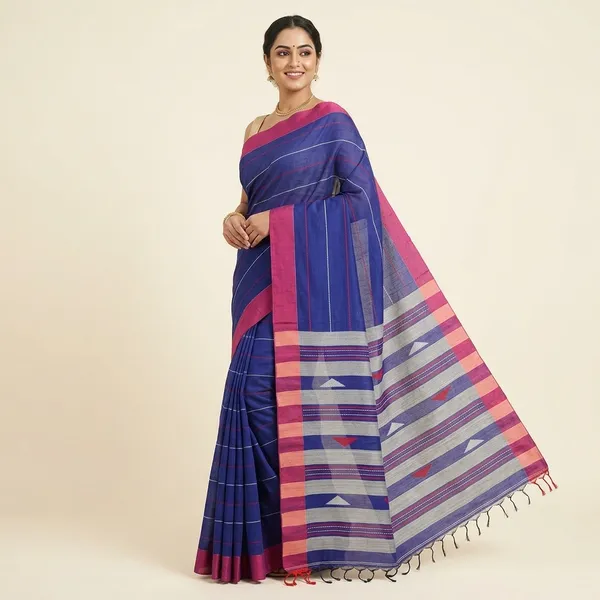 Blue_Cotton_Handwoven_Striped_Border_Saree_For_Women
