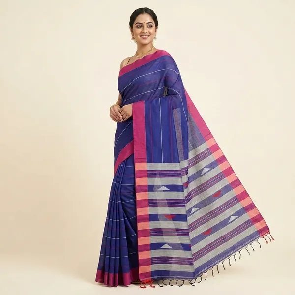 Blue_Cotton_Handwoven_Striped_Border_Saree_For_Women