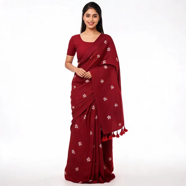 Maroon_Cotton_Embroidered_Tassel_Border_Saree_For_Women
