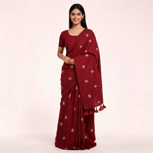 Maroon_Cotton_Embroidered_Tassel_Border_Saree_For_Women