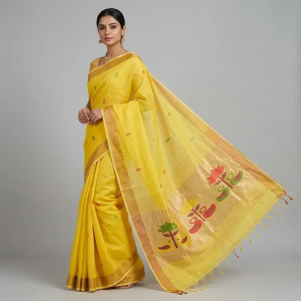 Yellow_Pure_Linen_Woven_Swan_Booti_Saree_For_Women