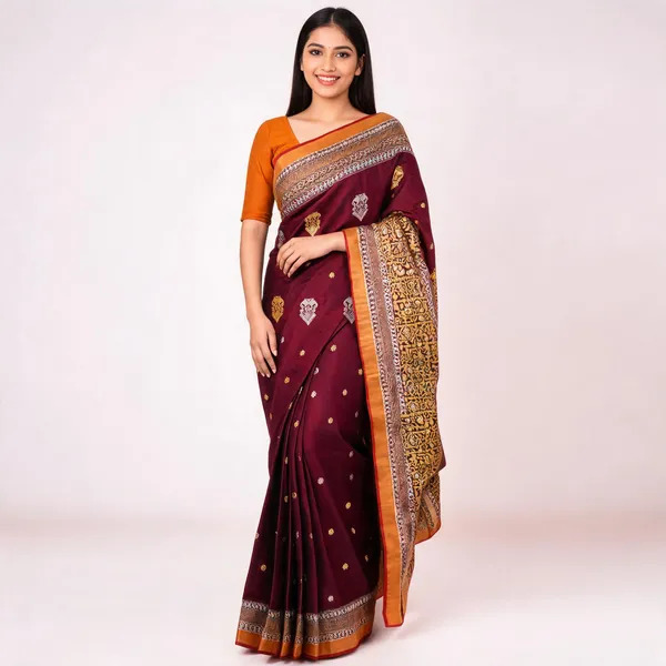 Maroon_Pure_Cotton__Handloom_Woven_Floral_Butti_Border_Saree_For_Women