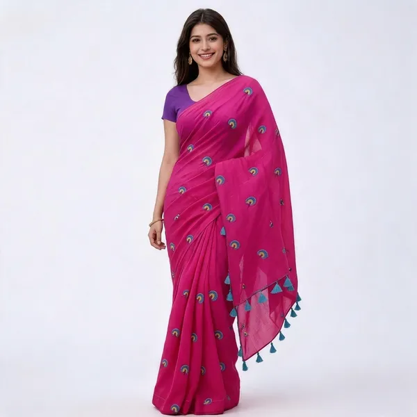Pink_Cotton_Embroidered_Tassel_Saree_For_Women