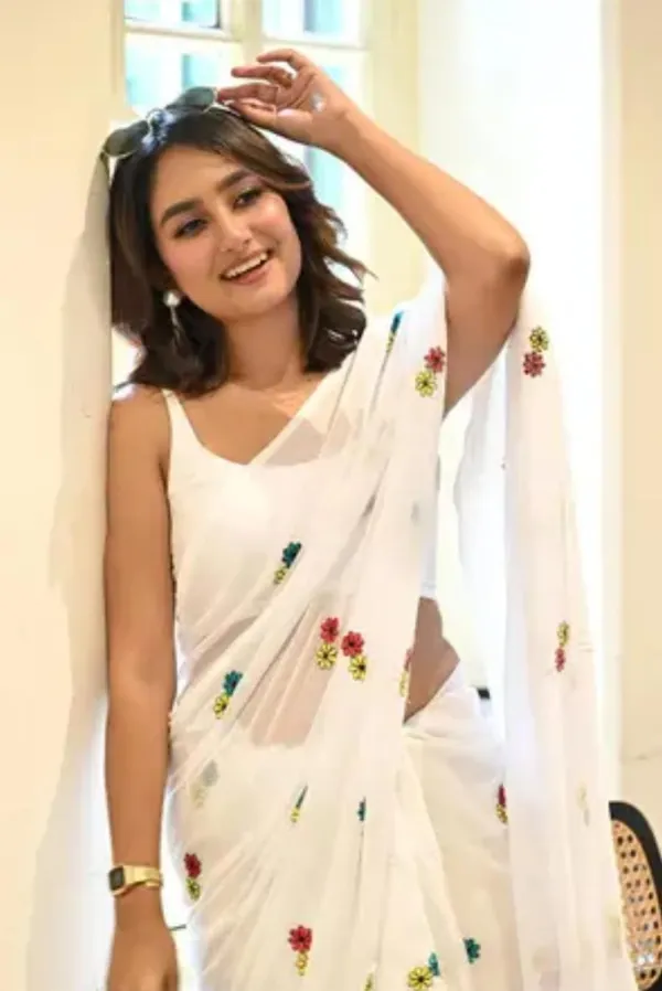 White_Georgette_Floral_Embroidered_Saree_For_Women