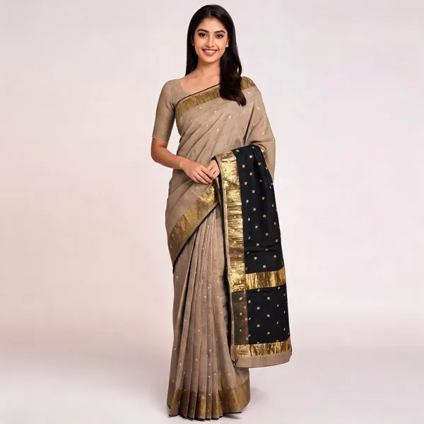 Beige_And_Black_Cotton_Silk_Zari_Border_Booti_Print_Saree_For_Women