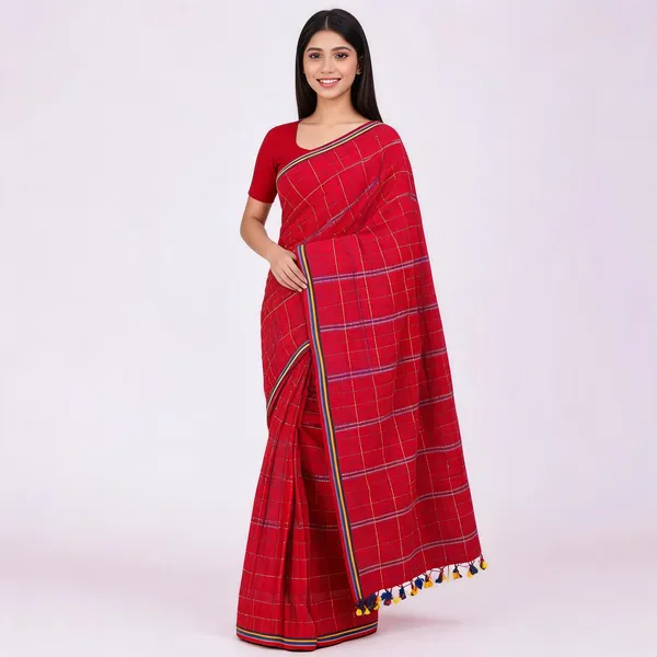 Red_100%_Cotton_Handloom_Checkered_Border_Saree_For_Women