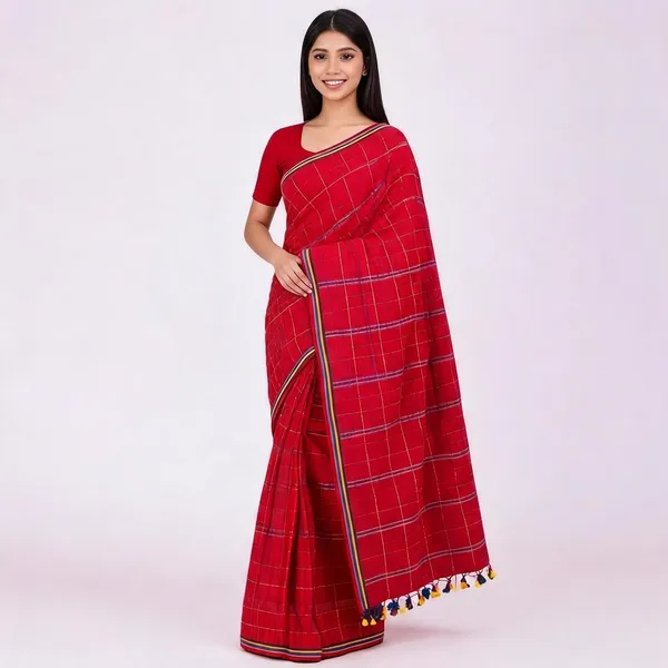 Red_100%_Cotton_Handloom_Checkered_Border_Saree_For_Women