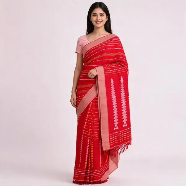 Red_Cotton_Handloom_Woven_Border_Saree_For_Women