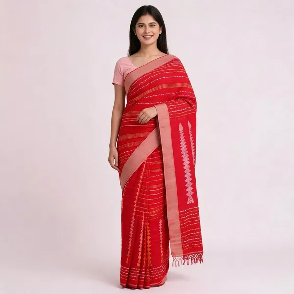 Red_Cotton_Handloom_Woven_Border_Saree_For_Women