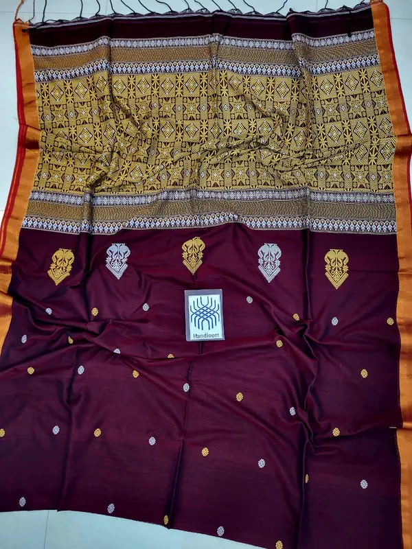 Maroon_Pure_Cotton__Handloom_Woven_Floral_Butti_Border_Saree_For_Women