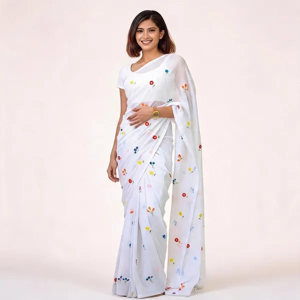 White_Cotton_Floral_Embroidered_Saree_For_Women