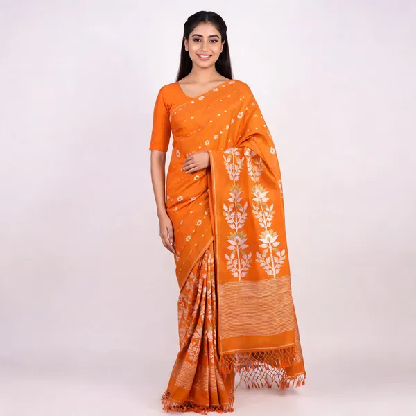 Orange_Tussar_Silk_Floral_Woven_Ethnic_Saree_For_Women