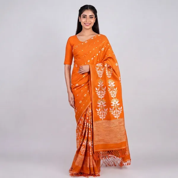 Orange_Tussar_Silk_Floral_Woven_Ethnic_Saree_For_Women