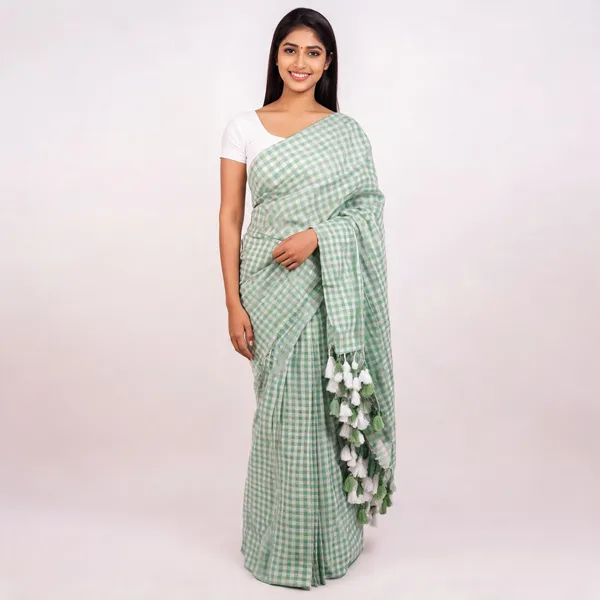 Green__100%_Pure_Mul_Cotton_Trending_Gingham_Check_Saree_For_Women