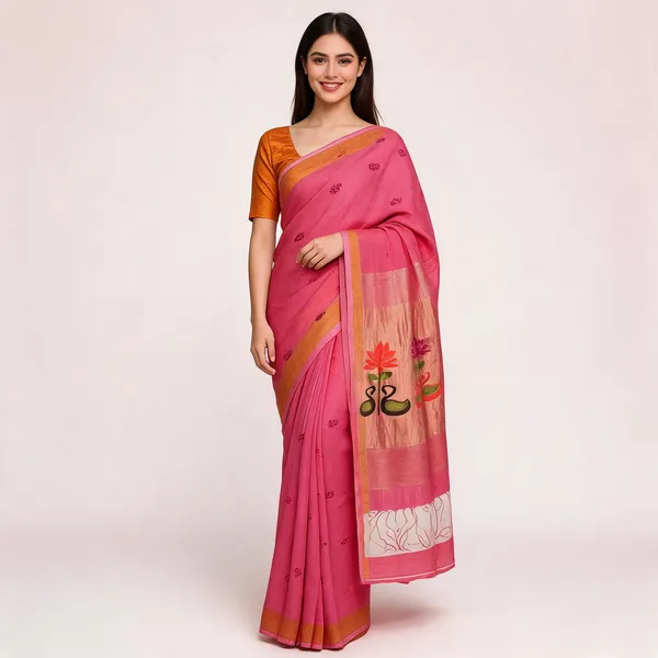 Pink_Pure_Lilen_Zari_Border_Floral_Motif_Saree_For_Women