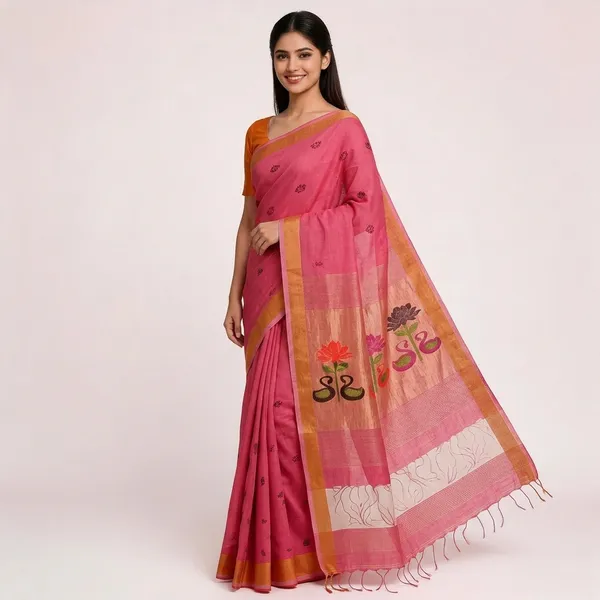Pink_Pure_Lilen_Zari_Border_Floral_Motif_Saree_For_Women