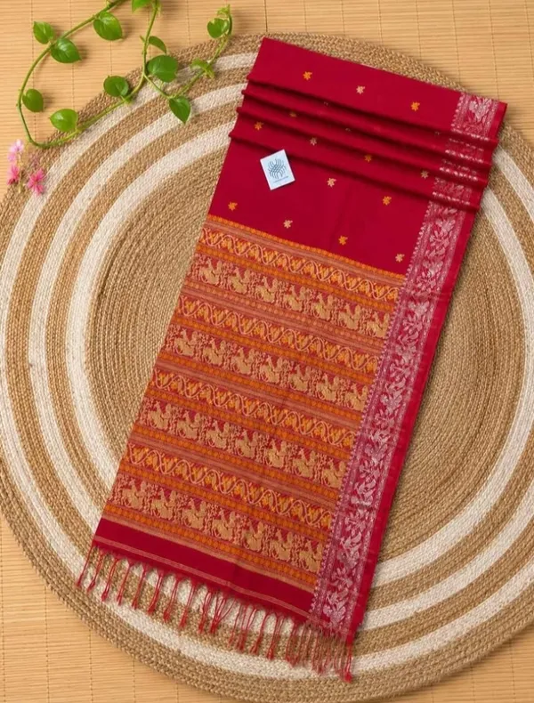 Red_Pure_Cotton_Woven_Border_Traditional_Saree_For_Women