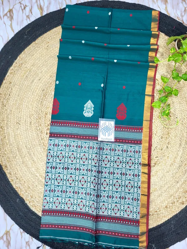 Teal_Cotton__Printed_Border_Saree_For_Women