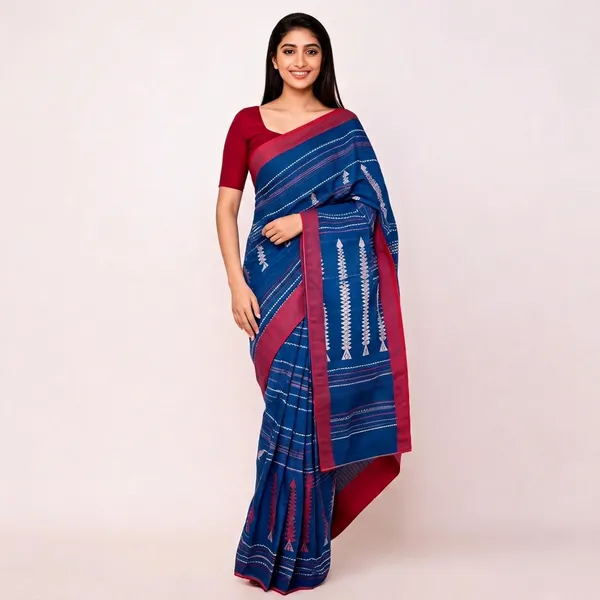 Blue_Cotton_Handloom_Temple_Motif_Woven_Border_Saree_For_Women