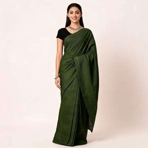 Green_Satin_Plain_Draped_Saree_With_Black_Blouse_For_Women