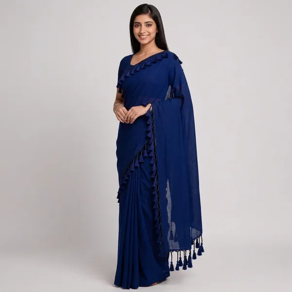 Blue_Cotton_Tassel_Border_Contrast_Saree_For_Women