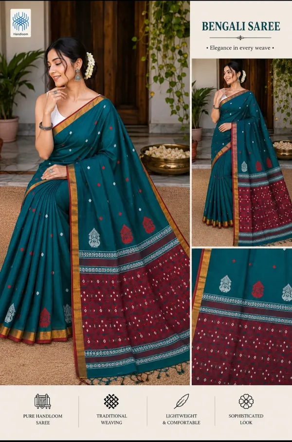 Teal_100%_Cotton_Handloom_Ikat_handwork_Maroon_Border_Saree_For_Women