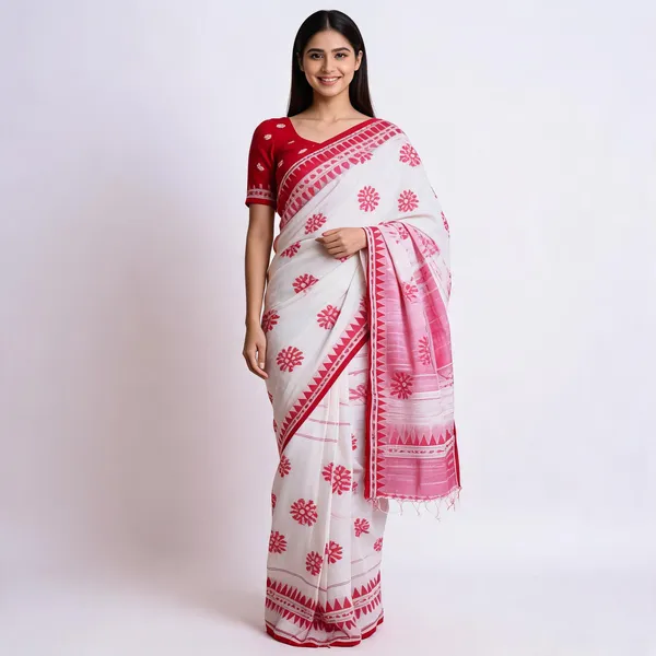 White_And_Red_Cotton_Handwoven_Temple_Border_Saree_For_Women