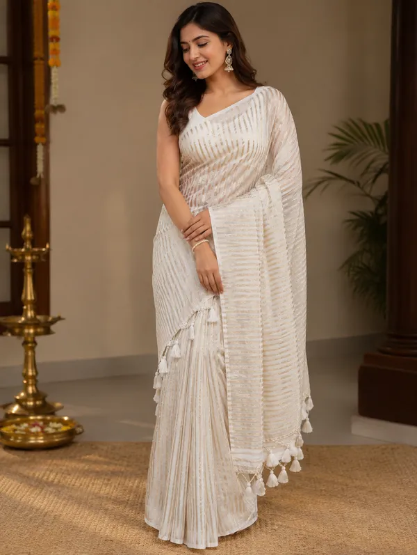 White_Mul_Cotton_Woven_Striped_Tassel_Saree_For_Women