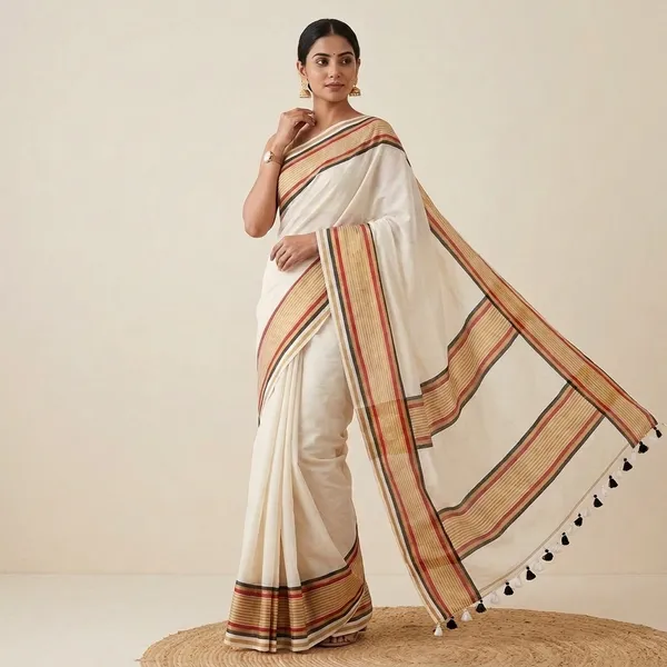 Off_White_100%_Pure_Mul_Cotton_Trending_Striped_Border_Tassel_Saree_For_Women