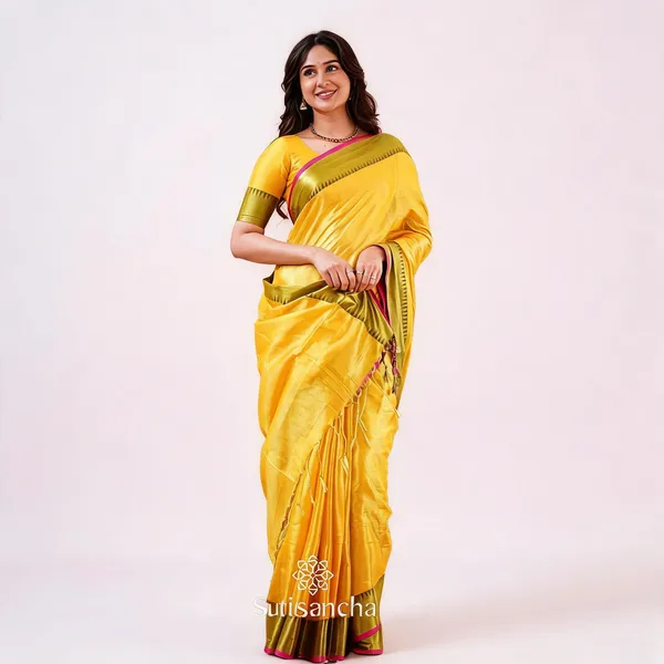 Yellow_Lilen_Tissu_Golden_Zari_Border_Saree_For_Women