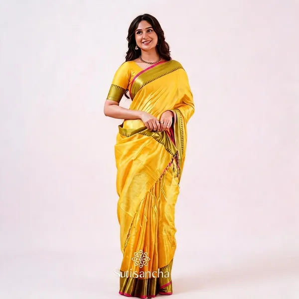 Yellow_Lilen_Tissu_Golden_Zari_Border_Saree_For_Women