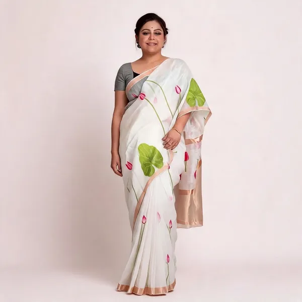 White_Linen_Silk_Lotus_Print_Zari_Border_Saree_For_Women