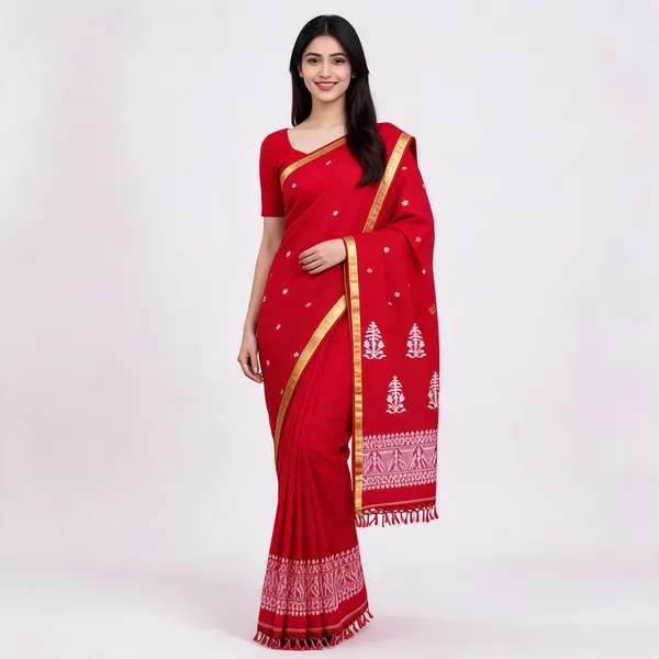Red_Handloom_Cotton_Woven_Zari_Border_Saree_For_Women