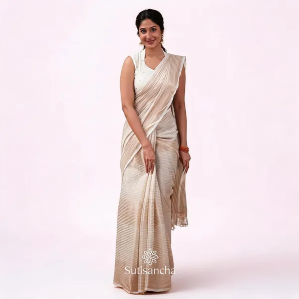 White_Cotton_Handloom_Zari_Striped_Saree_For_Women