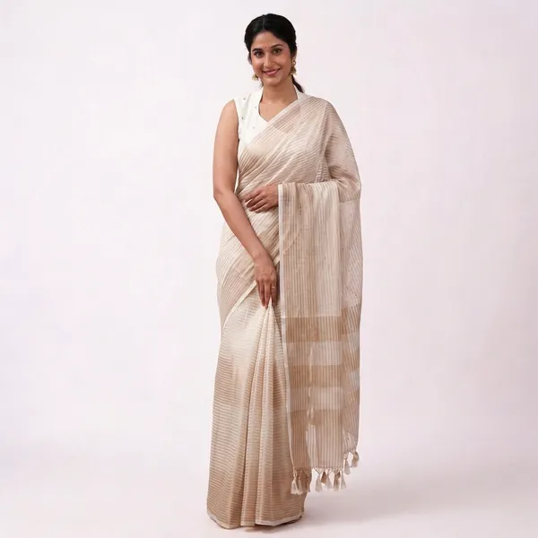 White_Cotton_Handloom_Zari_Striped_Saree_For_Women