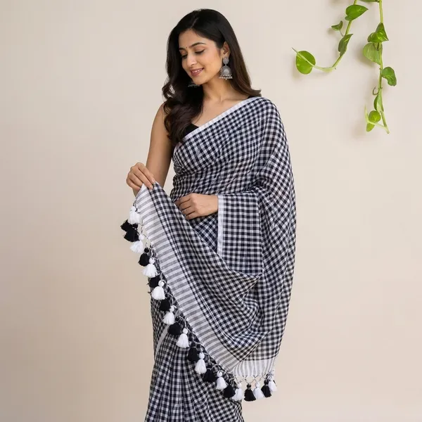 Black_And_White_100%_Pure_Mul_Cotton_Trending_Gingham_Check_Pom_Pom_Saree_For_Women