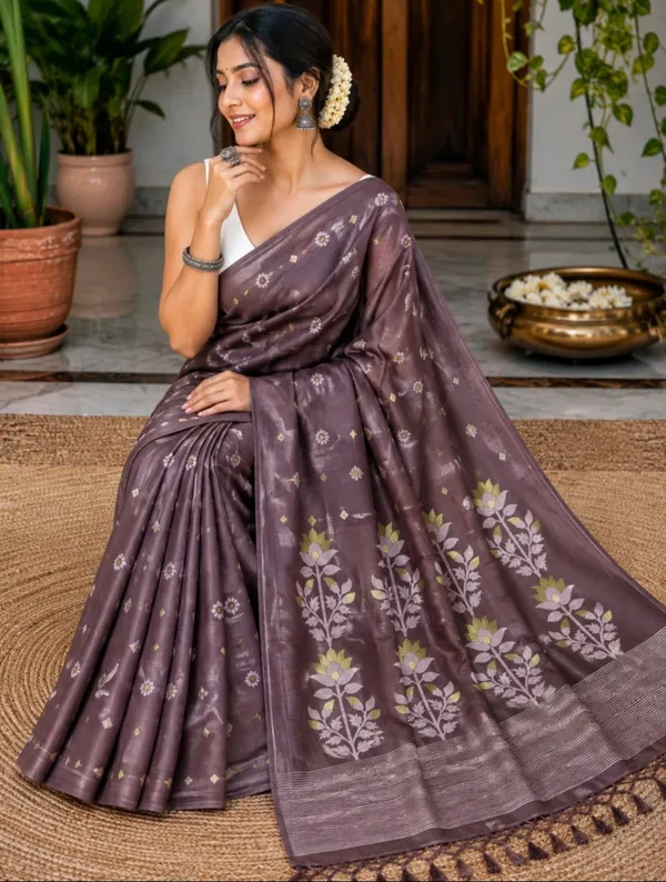 Brown_Tussar_Silk_Floral_Woven_Border_Saree_For_Women