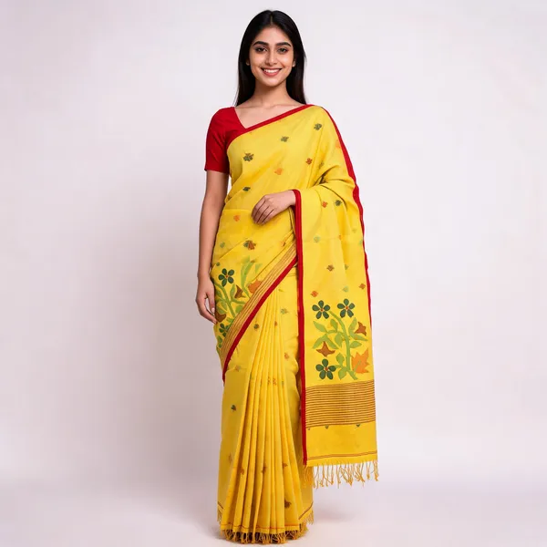Yellow_Cotton_Handloom_Floral_Print_Saree_For_Women