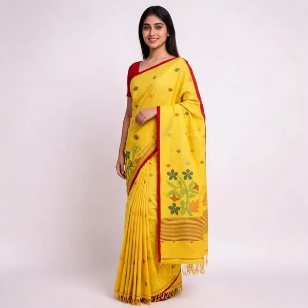 Yellow_Cotton_Handloom_Floral_Print_Saree_For_Women