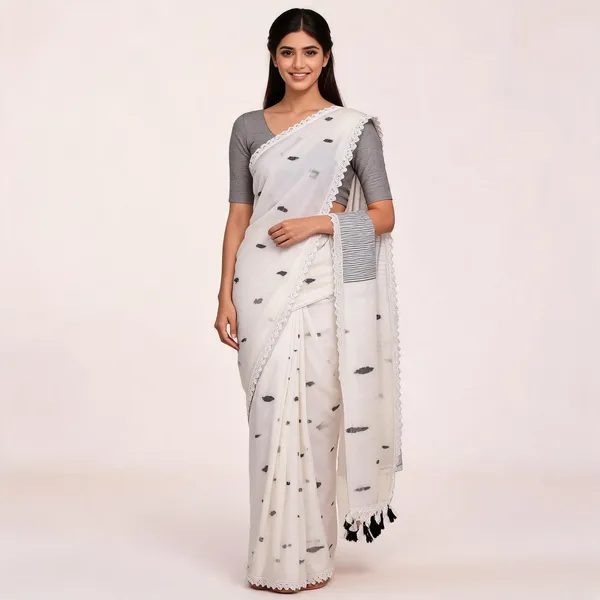 White_Cotton_Handloom_Ikat_Print_Lace_Border_Saree_For_Women