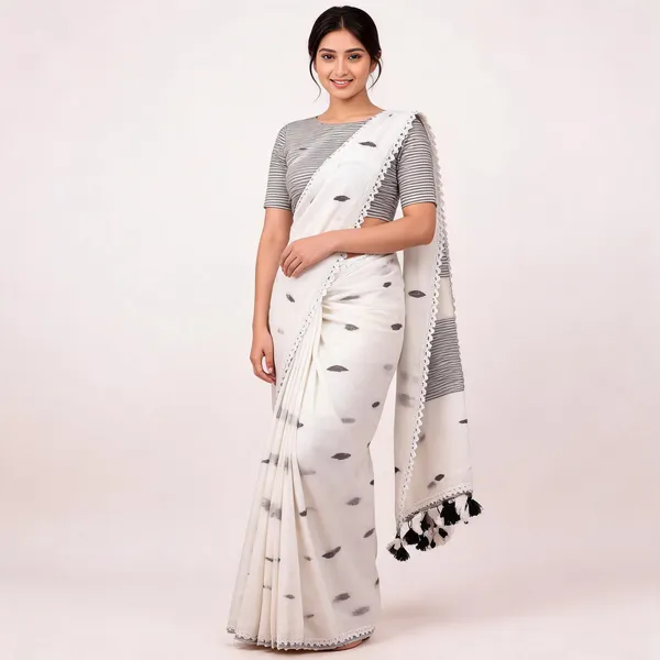 White_Cotton_Handloom_Ikat_Print_Lace_Border_Saree_For_Women