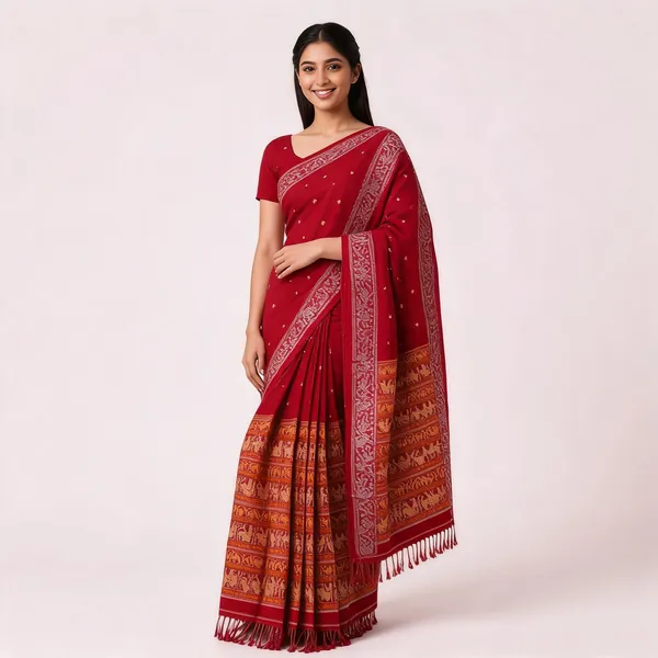 Red_Pure_Cotton_Woven_Border_Traditional_Saree_For_Women