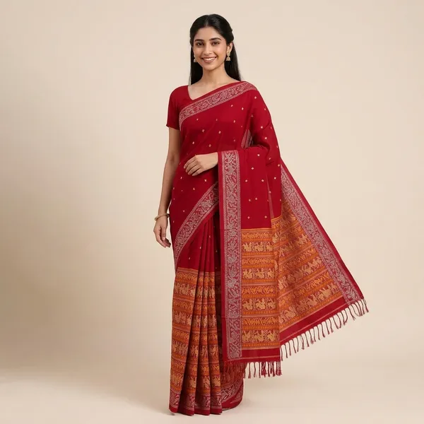 Red_Pure_Cotton_Woven_Border_Traditional_Saree_For_Women