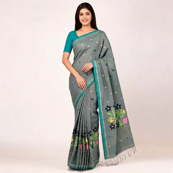 Grey_Handloom_Cotton_Floral_Butta_Print_Saree_For_Women