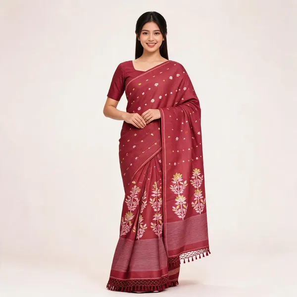 Maroon_Tussar_Silk_Floral_Woven_Border_Saree_For_Women