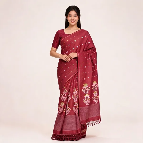 Maroon_Tussar_Silk_Floral_Woven_Border_Saree_For_Women