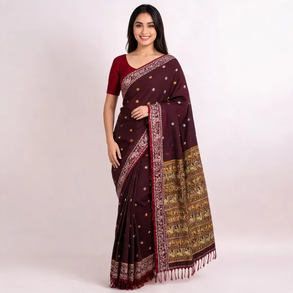 Maroon_Cotton_Balurchi_Woven_Elephant_Floral_Border_Saree_For_Women