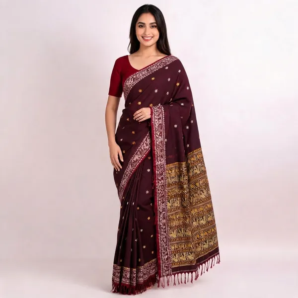 Maroon_Cotton_Balurchi_Woven_Elephant_Floral_Border_Saree_For_Women
