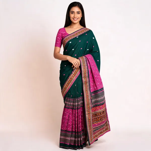 Green_And_Pink_Pure_Cotton__Ikat_Print_Traditional_Saree_For_Women